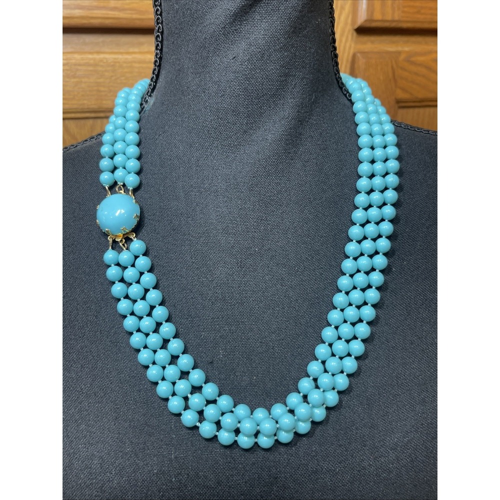 Vintage Turquoise Teal Plastic Triple Strand Bead Necklace Statement Piece